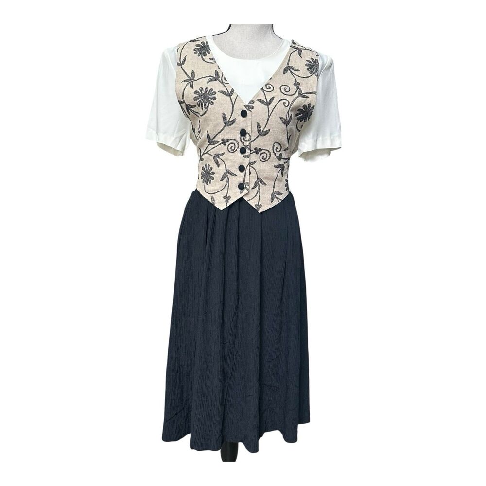 Vintage 90s Peri Petites Dress Floral Vest Cottagecore Prairie USA Size 12